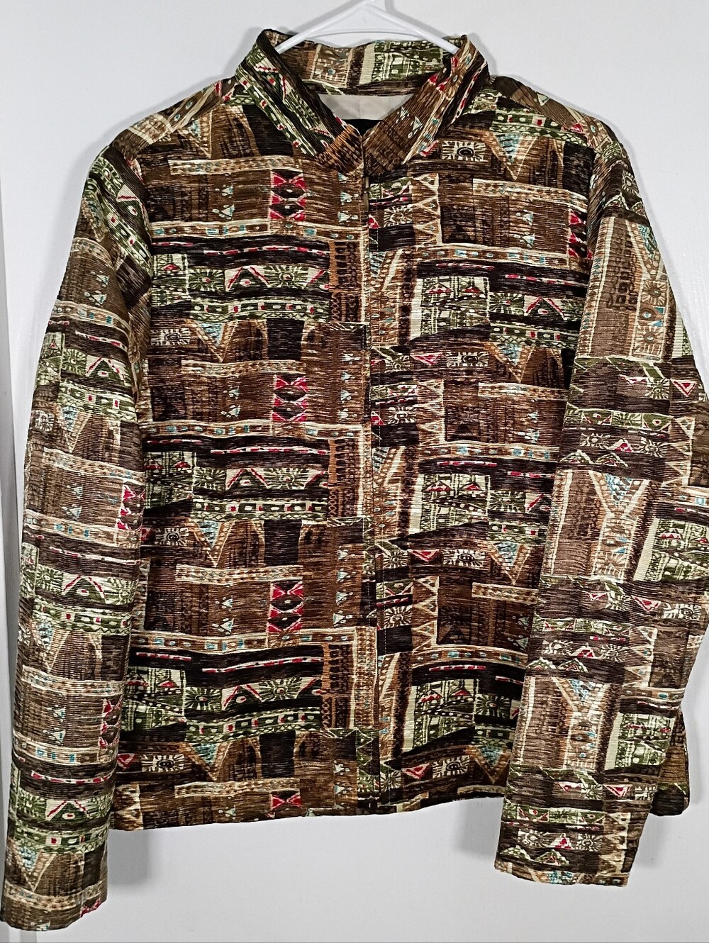 Vtg Silkland Full Zip Jacket Women's L Textured Tribal Brown Beige Artsy Boho